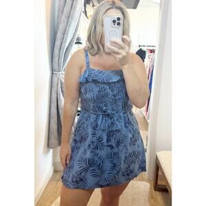 Roxy Ruffle Neckline Belted Tropical Print Mini Sundress Blue Medium